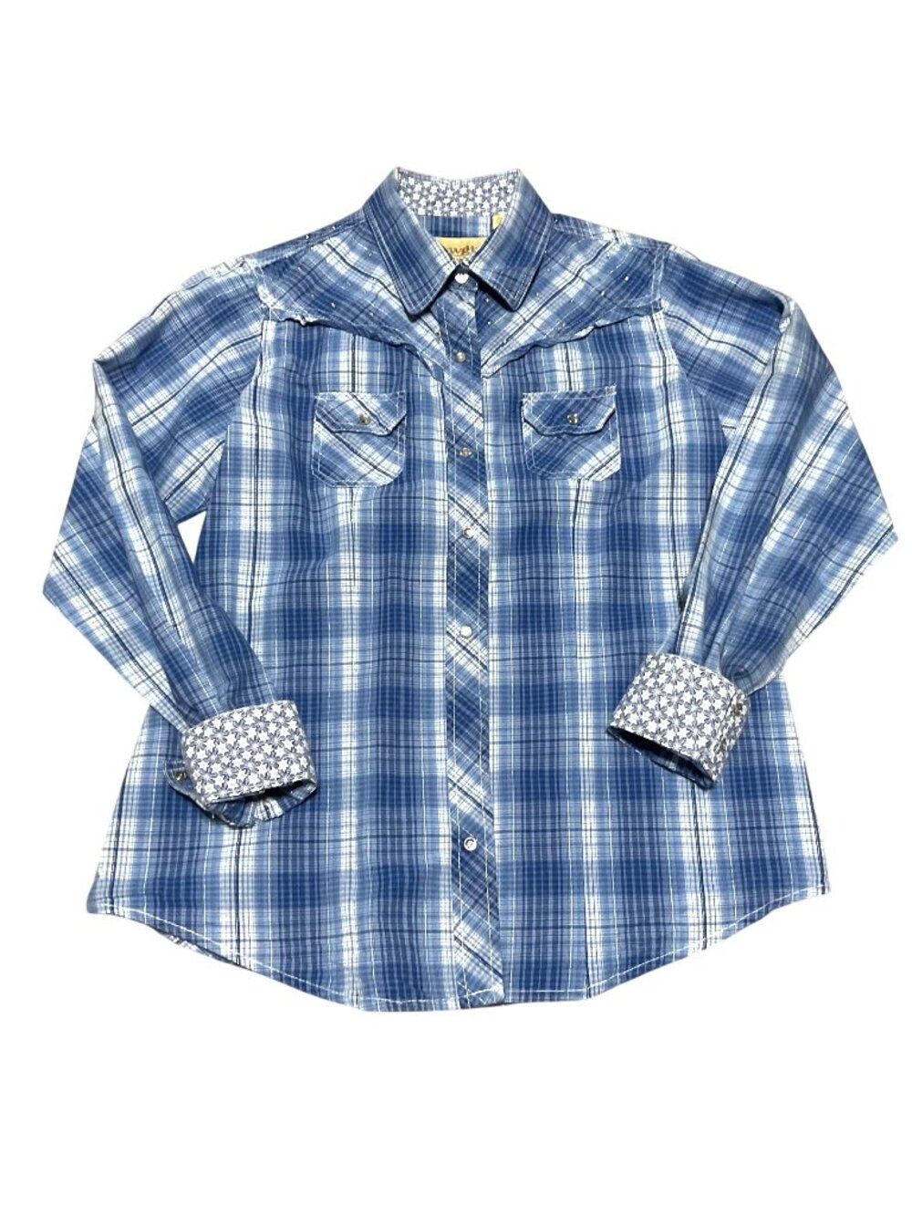 Cowgirl Legend Blue Plaid Western Shirt Sz L Rhinestone Contrast Cuffs Womens